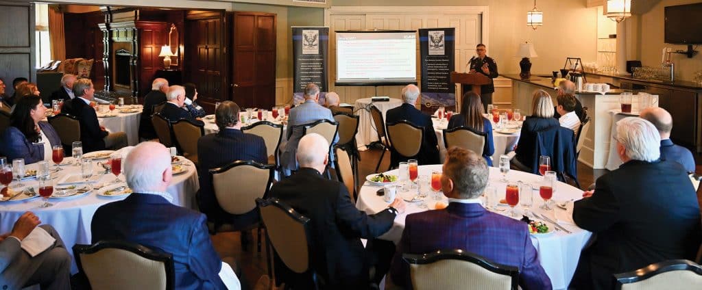 Col. Andy Morgado, director of Army University Press at Fort Leavenworth, Kansas, provides a presentation on the Army Command Assessment Program during the Arter-Rowland National Security Forum luncheon event on May 15, 2025, at the Carriage Club in Kansas City.