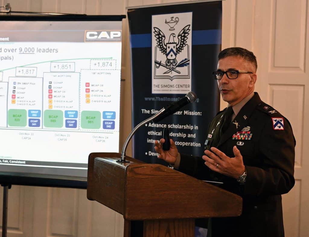 Col. Andy Morgado, director of Army University Press at Fort Leavenworth, Kansas, provides a presentation on the Army Command Assessment Program during the Arter-Rowland National Security Forum luncheon event on May 15, 2025, at the Carriage Club in Kansas City.