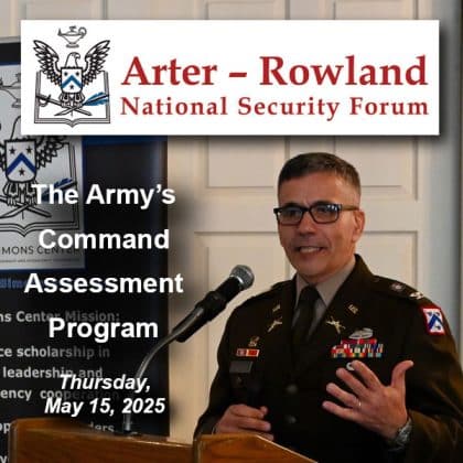 Col. Andy Morgado, director of Army University Press at Fort Leavenworth, Kansas, provides a presentation on the Army Command Assessment Program during the Arter-Rowland National Security Forum luncheon event on May 15, 2025, at the Carriage Club in Kansas City.