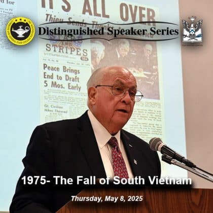Dr. James H. Willbanks, professor emeritus of the U.S. Army Command and General Staff College, delivers a lecture on the fall of South Vietnam during the Distinguished Speaker Series event hosted by the CGSC Foundation and its Simons Center at the Riverfront Community Center in downtown Leavenworth, Kansas on May 8, 2025. Over the top of the photo is the Distinguished Speaker Series logo.