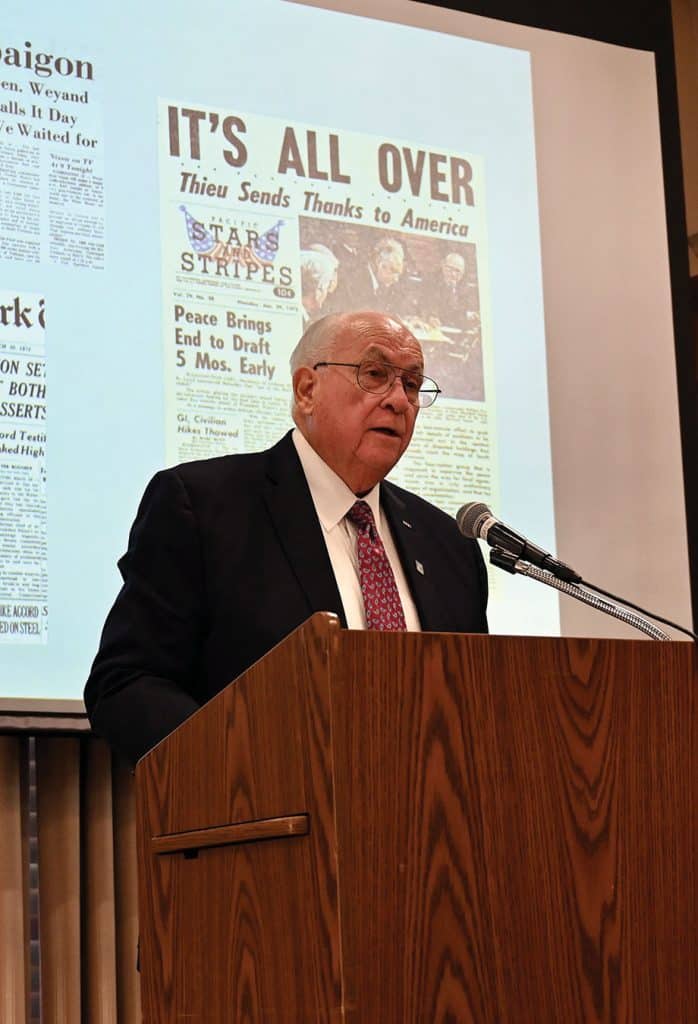 Dr. James H. Willbanks, professor emeritus of the U.S. Army Command and General Staff College, delivers a lecture on the fall of South Vietnam during the Distinguished Speaker Series event hosted by the CGSC Foundation and its Simons Center at the Riverfront Community Center in downtown Leavenworth, Kansas on May 8, 2025.