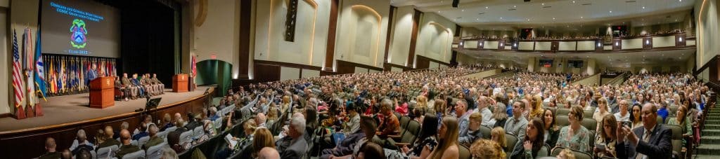 Graduates, staff, faculty, family and friends in Eisenhower Auditorium at the 2025 Command and General Staff Officer Course Graduation Ceremony June 6, 2025, on Fort Leavenworth.