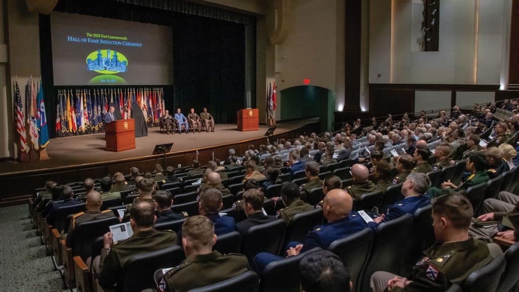 Audience members attend the 2025 Fort Leavenworth Hall of Fame Induction Ceremony, Wednesday, May 28, 2025, in the Eisenhower Auditorium of the Lewis and Clark Center on Fort Leavenworth, Kansas. The event recognizes the inductees’ lasting contributions to the U.S. Army and the legacy of leadership at Fort Leavenworth.
