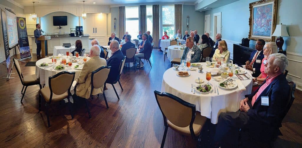 Nicholas Prime, Ph.D., from the School of Advanced Military Students at Fort Leavenworth, Kansas, provides a presentation on "contemporary generalship" during the Arter-Rowland National Security Forum luncheon event on June 19, 2025, at the Carriage Club in Kansas City.