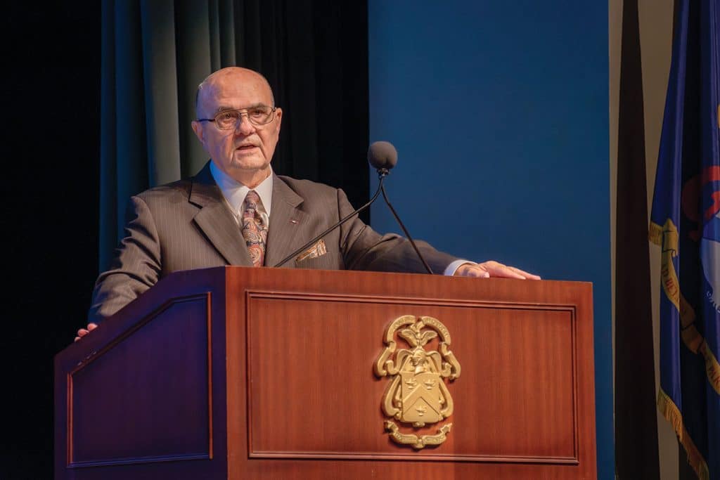 Retired Col. Gregory Fontenot delivers remarks after his induction into the Fort Leavenworth Hall of Fame during a ceremony, Wednesday, May 28, 2025, in Fort Leavenworth, Kan. Fontenot, a Desert Storm commander and longtime Army educator, was honored for his enduring impact on military leadership and strategy.