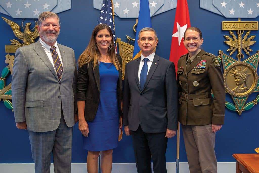 From left, Mr. Jim Fain, Director, International Military Student Division, Command and General Staff College, Lora Morgan, President/CEO, CGSC Foundation, Anatolie Nosatîi, Minister of Defence of the Republic of Moldova, and Maj. Gen. Stephanie Ahern, Director, Strategy, Plans and Policy, Office of the Deputy Chief of Staff, G-3/5/7, pose for a photo after Nosatîi's induction to the Command and General Staff College International Hall of Fame in the Pentagon Hall of Heroes, Arlington, Va. Aug. 20, 2025. (U.S. Army photo by Christopher Kaufmann)