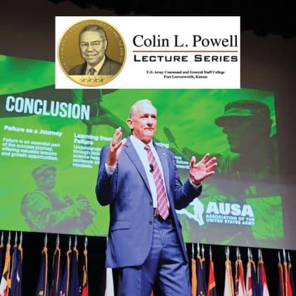 Retired Gen. Robert B. Brown delivers his remarks during the annual Colin L. Powell Lecture for students of the Command and General Staff Officers Course Class of 2025 in Eisenhower Auditorium in Fort Leavenworth’s Lewis and Clark Center Sept. 10, 2025.