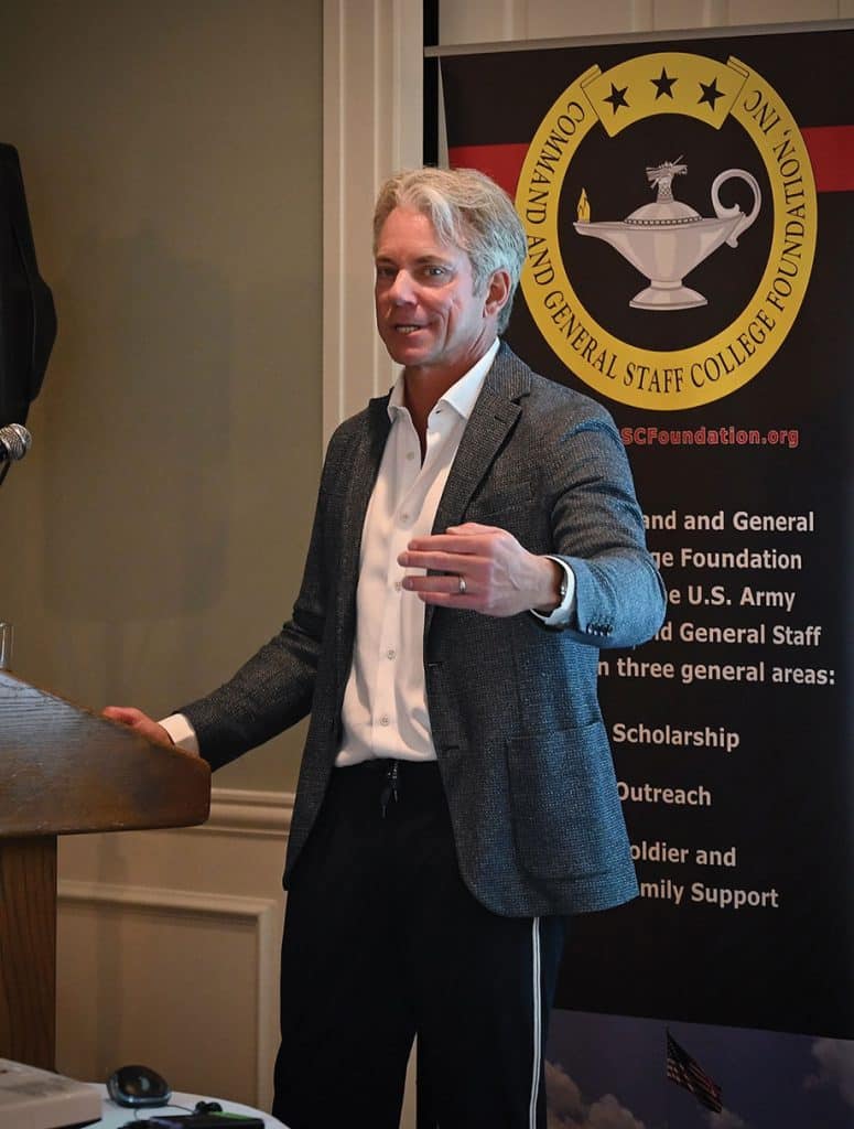 Brian Weaver, founder and CEO of Torch.AI, provides a presentation on artificial intelligence during the Arter-Rowland National Security Forum luncheon event on Sept. 4, 2025, at the Carriage Club in Kansas City.
