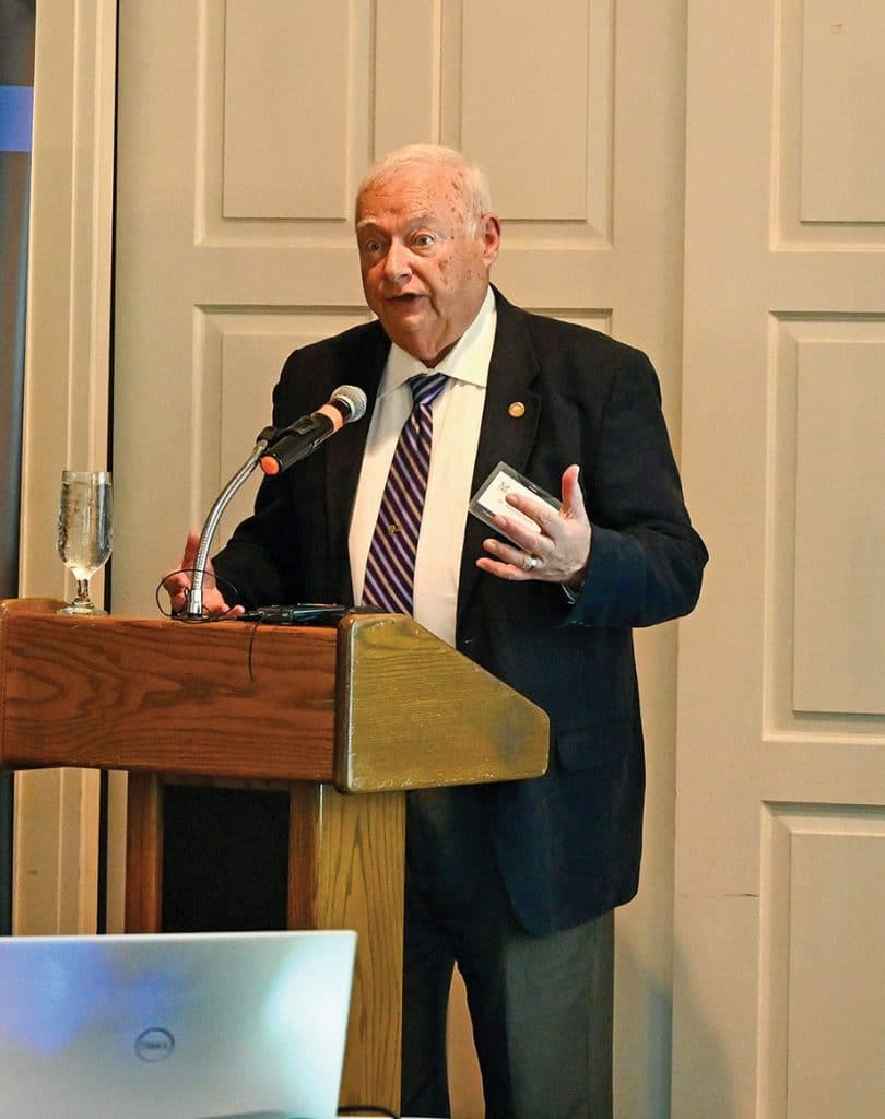 Peter W. Pandolfi, Ph.D., a former treaty policy analyst, inspector and escort for the On-Site Inspection Agency (OSIA), delivers a lecture focused on his recently published book, "Implementing U.S. Arms Control Agreements," during the the Arter-Rowland National Security Forum luncheon event at the Carriage Club in Kansas City on Sept. 25, 2025.