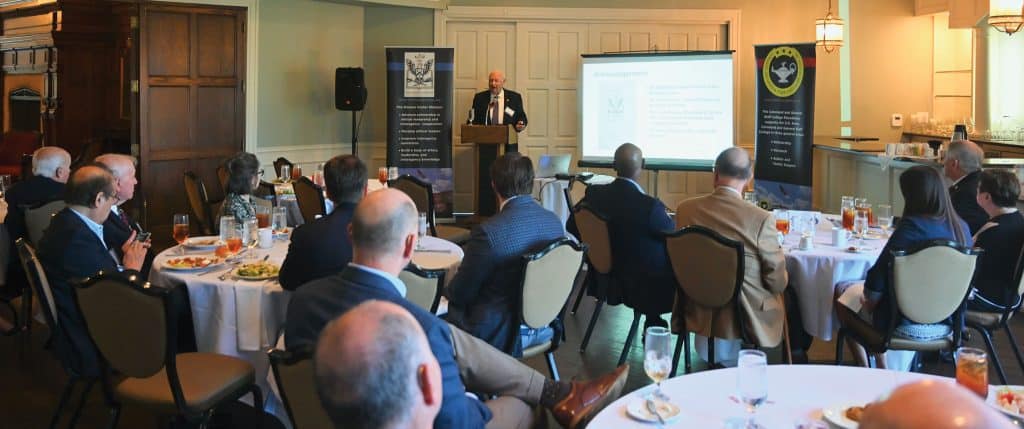 Peter W. Pandolfi, Ph.D., a former treaty policy analyst, inspector and escort for the On-Site Inspection Agency (OSIA), delivers a lecture focused on his recently published book, "Implementing U.S. Arms Control Agreements," during the the Arter-Rowland National Security Forum luncheon event at the Carriage Club in Kansas City on Sept. 25, 2025.