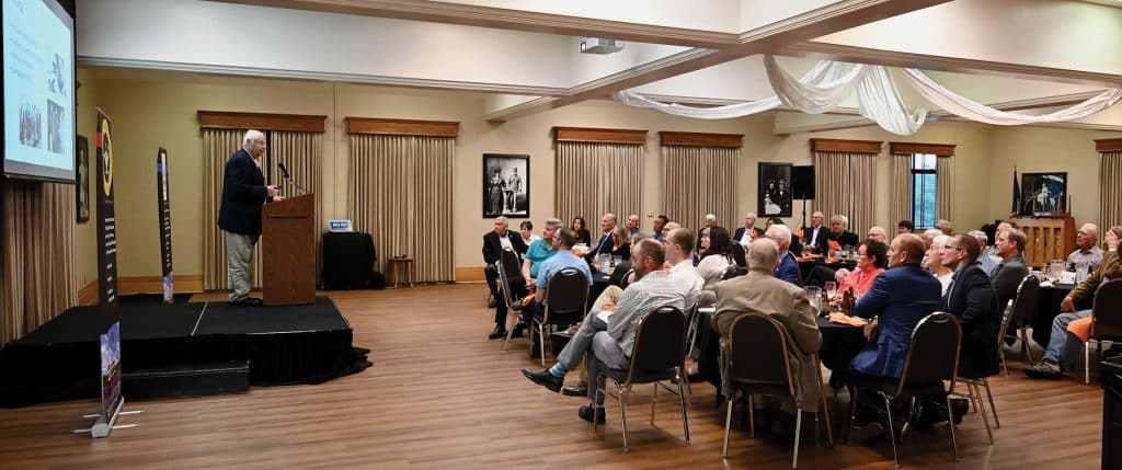 Peter W. Pandolfi, Ph.D., a former treaty policy analyst, inspector and escort for the On-Site Inspection Agency (OSIA), delivers a lecture focused on his recently published book, "Implementing U.S. Arms Control Agreements," during the Distinguished Speaker Series event hosted by the CGSC Foundation and its Simons Center at the Riverfront Community Center in downtown Leavenworth, Kansas on Sept. 24, 2025.