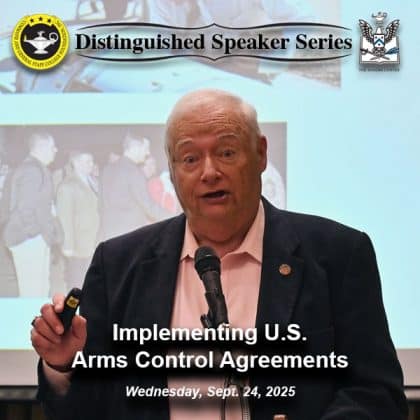 Peter W. Pandolfi, Ph.D., a former treaty policy analyst, inspector and escort for the On-Site Inspection Agency (OSIA), delivers a lecture focused on his recently published book, "Implementing U.S. Arms Control Agreements," during the Distinguished Speaker Series event hosted by the CGSC Foundation and its Simons Center at the Riverfront Community Center in downtown Leavenworth, Kansas on Sept. 24, 2025.