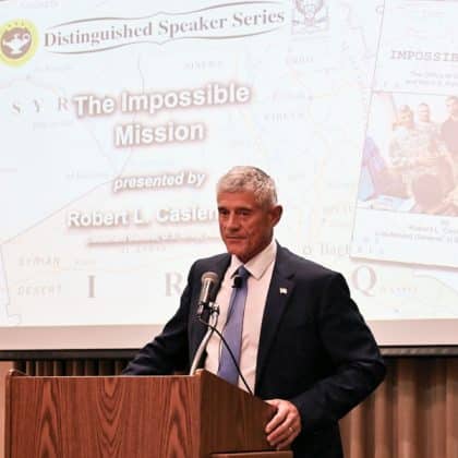 Retired Lt. Gen. Robert L. Caslen, Jr., the former chief of the Office of Security Cooperation in Iraq, conducts a presentation and discussion on his recently published book "The Impossible Mission," during the Distinguished Speaker Series event hosted by the CGSC Foundation and its Simons Center at the Riverfront Community Center in downtown Leavenworth, Kansas on Oct. 15, 2025.