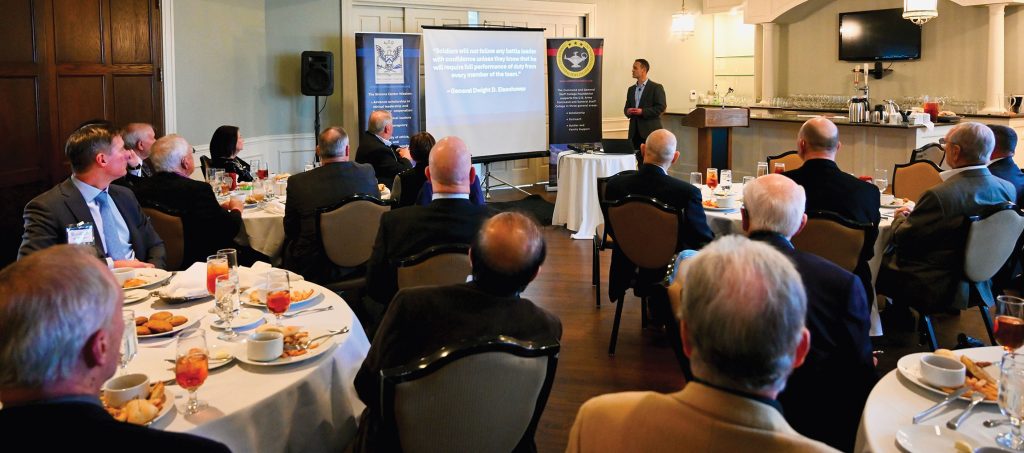Col. Andrew Steadman, director of the Army University Press at Fort Leavenworth, Kansas, conducts a presentation and discussion about ethical leadership during the Arter-Rowland National Security Forum luncheon event at the Carriage Club in Kansas City on Jan. 15, 2026.