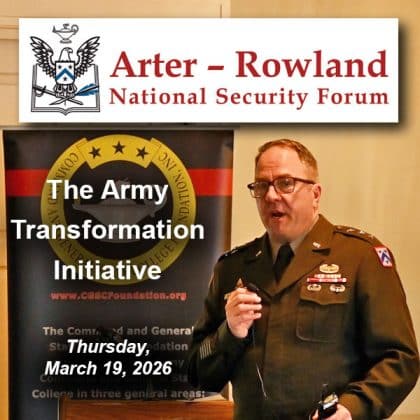 Lt. Gen. Jim Isenhower, commanding general of the U.S. Army Combined Arms Command and Fort Leavenworth, conducts a presentation and discussion about the Army's Transformation Initiative during the Arter-Rowland National Security Forum luncheon event at the Carriage Club in Kansas City on March 19, 2026.