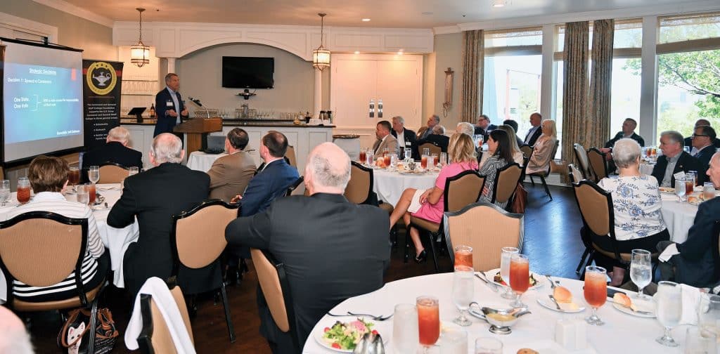 Maj. Gen. (Ret.) William Hickman, a veteran with extensive NATO experience, conducts a presentation and discussion about NATO during the Arter-Rowland National Security Forum luncheon event at the Carriage Club in Kansas City on April 16, 2026.