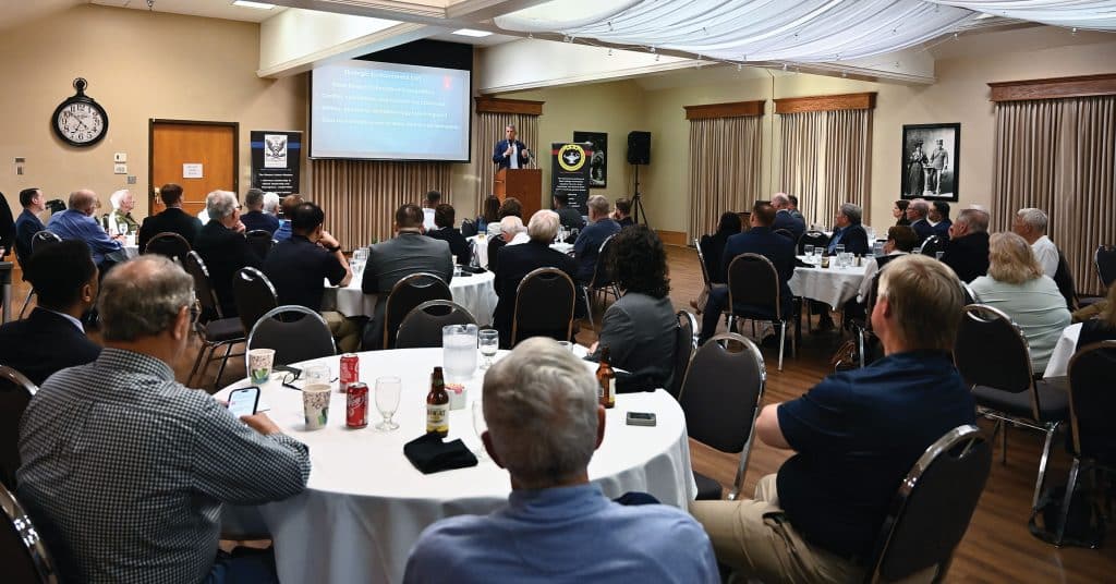 Maj. Gen. (Ret.) William Hickman, a veteran with extensive NATO experience, conducts a presentation and discussion about NATO during during the Distinguished Speaker Series event hosted by the CGSC Foundation and its Simons Center at the Riverfront Community Center in downtown Leavenworth, Kansas on April 15, 2026.