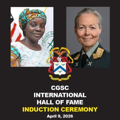 Composite image with the text "CGSC International Hall of Fame Ceremony, April 9, 2026." Above the text is the CGSC crest and the photos of the two inductees.