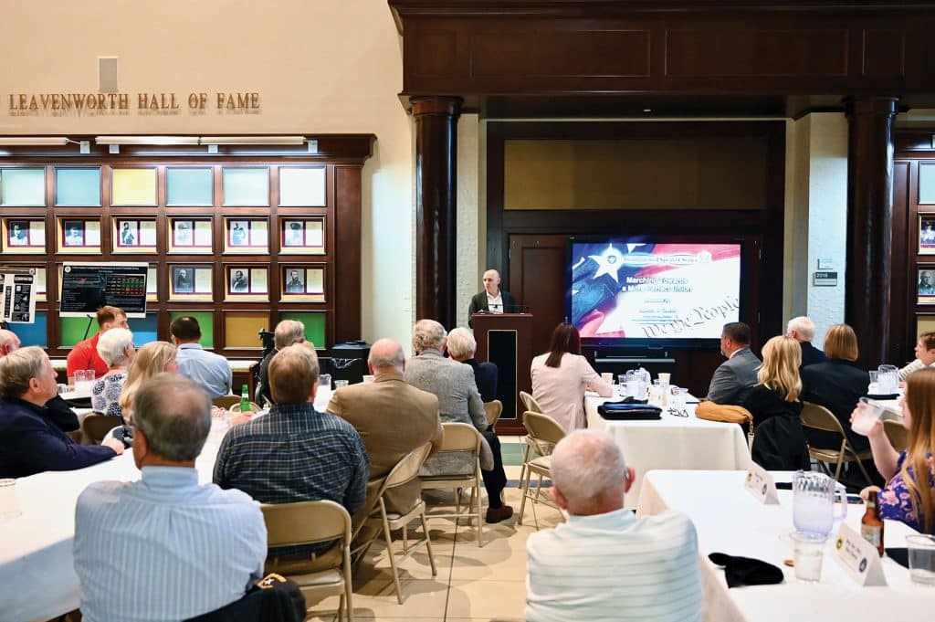 Jason J. Galui, director of the Endicott Center for Civic Participation, delivers his presentation entitled "Marching Towards a More Perfect Union" during the Distinguished Speaker Series event hosted by the CGSC Foundation and Alumni Association and its Simons Center at the Lewis and Clark Center on Fort Leavenworth, Kansas on May 20, 2026.
