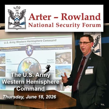 Army Strategist Col. Nathan K. Finney, provides members of the Arter-Rowland National Security Forum with a briefing on the establishment of the U.S. Army Western Hemisphere Command, the U.S. Army’s newest Theater Army/Army Service Component Command, during an ARNSF luncheon event at the Carriage Club in Kansas City on June 18, 2026.
