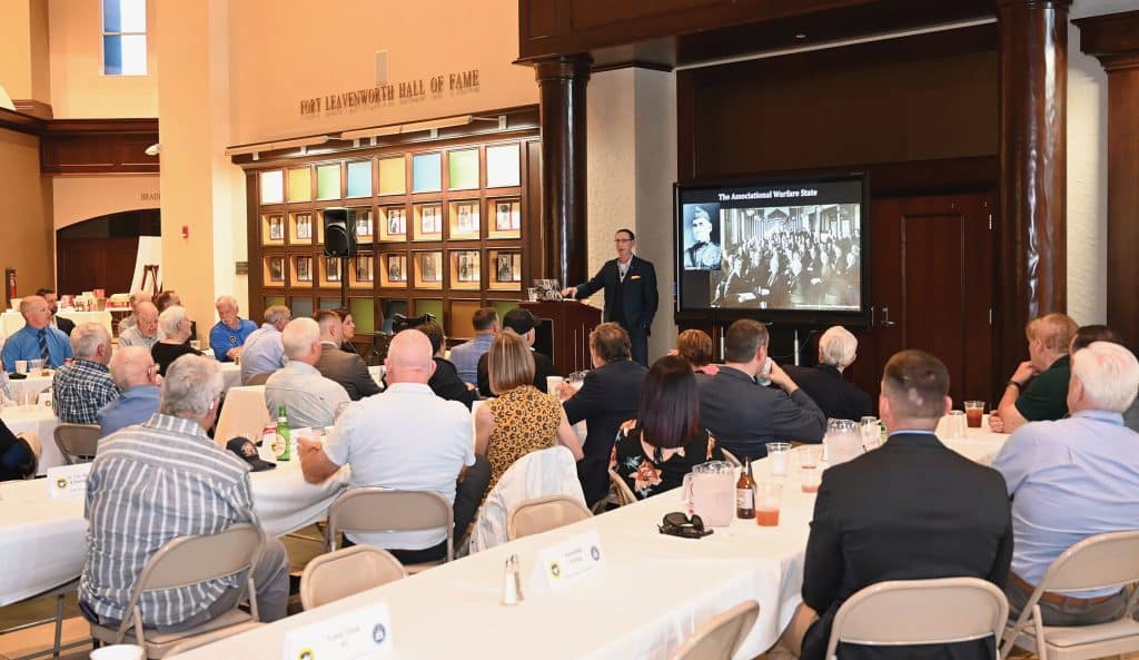Col. Nathan K. Finney, director of the Commander’s Initiative Group for the U.S. Army Western Hemisphere Command, delivers a presentation on his recently published book, "Orchestrating Power," during the Distinguished Speaker Series event hosted by the CGSC Foundation and Alumni Association and its Simons Center at the Lewis and Clark Center on Fort Leavenworth, Kansas on June 17, 2026.