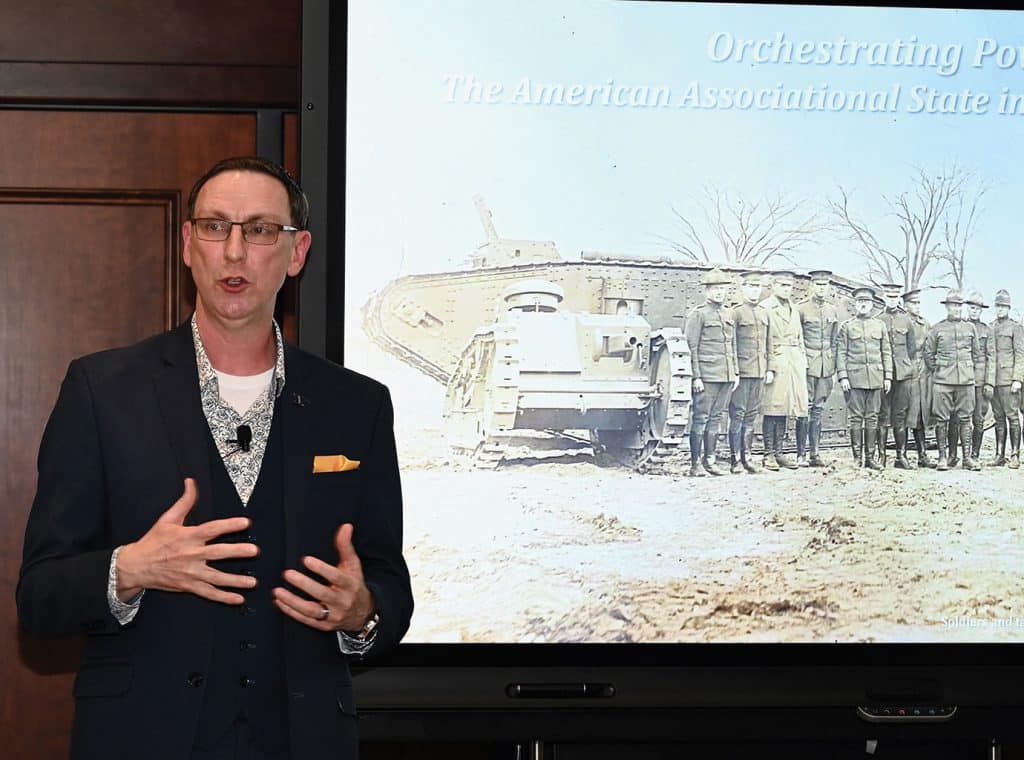 Col. Nathan K. Finney, director of the Commander’s Initiative Group for the U.S. Army Western Hemisphere Command, delivers a presentation on his recently published book, "Orchestrating Power," during the Distinguished Speaker Series event hosted by the CGSC Foundation and Alumni Association and its Simons Center at the Lewis and Clark Center on Fort Leavenworth, Kansas on June 17, 2026.