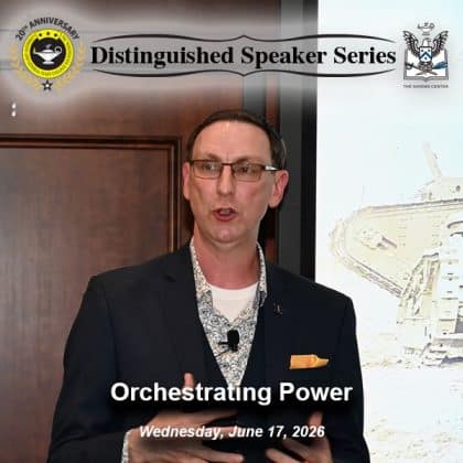 Composite image with the Distinguished Speaker Series logo layered over an image of Col. Nathan K. Finney, director of the Commander’s Initiative Group for the U.S. Army Western Hemisphere Command, as he delivers his presentation his recently published book, "Orchestrating Power," Wednesday, June 17, 2026, at the Lewis and Clark Center on Fort Leavenworth, Kansas.