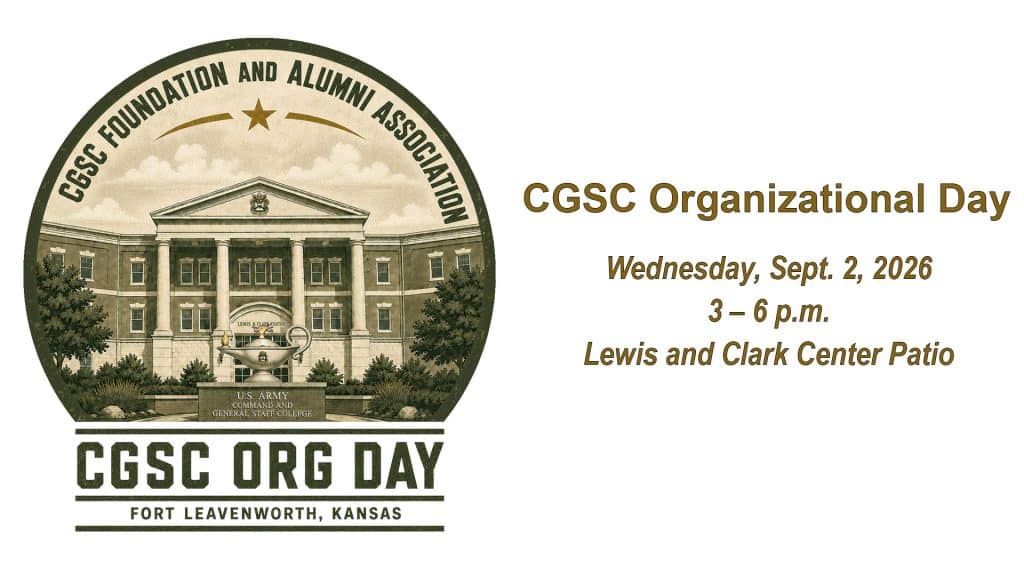 Composite image of CGSC Organizational Day logo on left with text of date, time and location on the right.