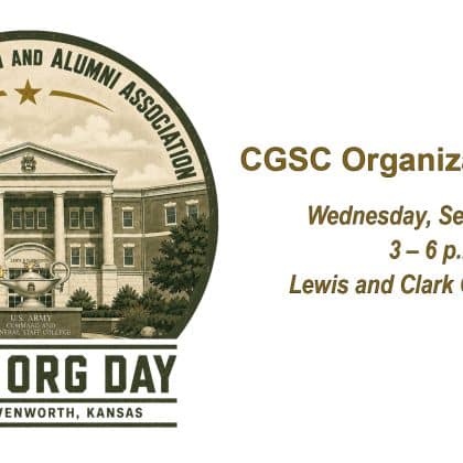 Composite image of CGSC Organizational Day logo on left with text of date, time and location on the right.