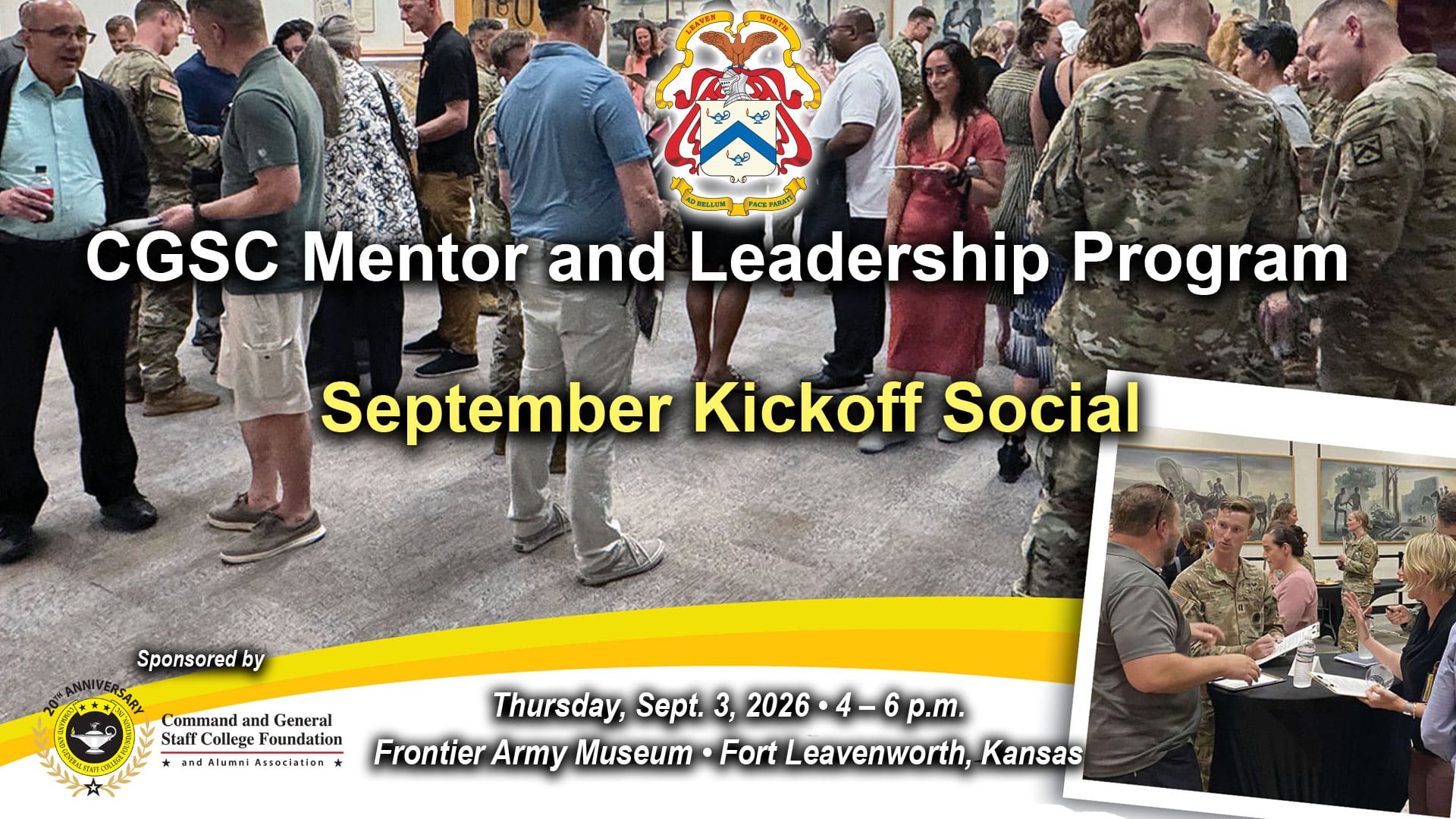 Composite image with social networking photos in the background. Over the photos is a CGSC crest and the date/time/location of the event at the bottom beside a CGSC Foundation logo.