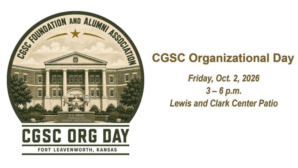 Composite image of CGSC Organizational Day logo on left with text of date, time and location on the right.