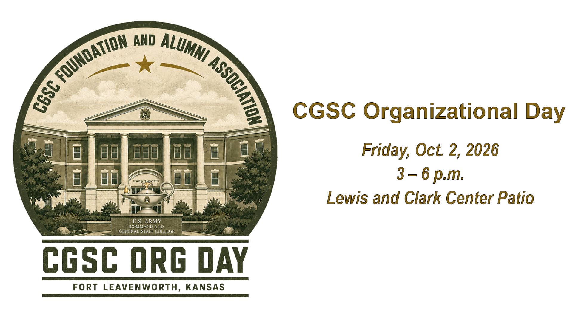 OrgDay-2026-1920x1080-w2 Composite image of CGSC Organizational Day logo on left with text of date, time and location on the right.