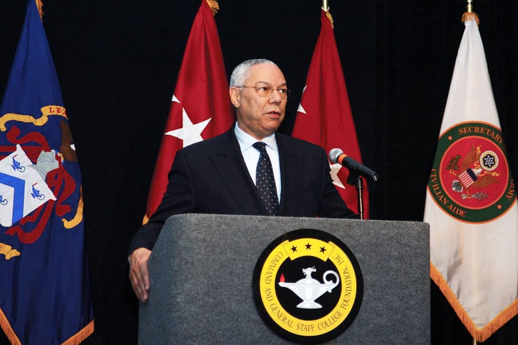 Colin L. Powell, former Secretary of State and Chairman of the Joint Chiefs of Staff, addresses more than 400 attendees at a dinner banquet hosted by the Command and General Staff College Foundation in Kansas City, Mo., April 28. (photo by Bill Kennedy)