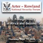 ARNSF-56-600px Composite image with a photo of the Kansas City skyline in the background. Layered over this image is the Arter-Rowland National Security Forum logo above the title and date: "Intelligence gathering in the 21st Century: Challenges and Opportunities," Thursday, July 16, 2026.