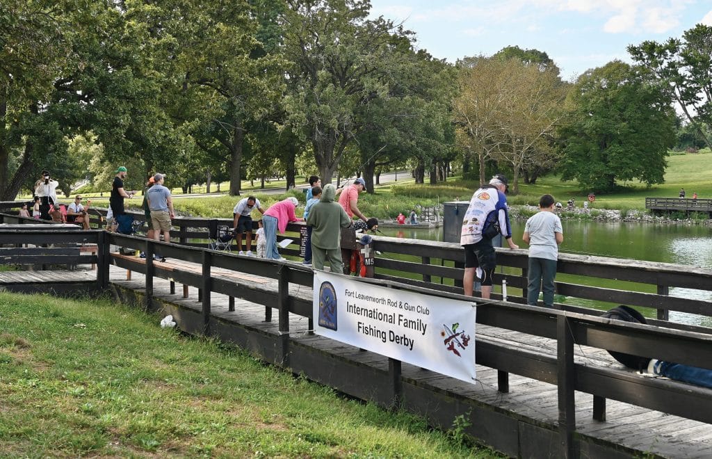 Families line the docks and the banks of Fort Leavenworth's Merritt Lake during the sixth annual International Family Fishing Derby on Sept. 19, 2026.