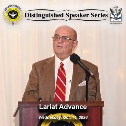 Composite image with the Distinguished Speaker Series logo layered over an image of Col. (Ret.) Gregory Fontenot as he delivers his presentation on "Lariat Advance," Wednesday, Oct. 14, 2026, at JW Crancer's in Leavenworth, Kansas.